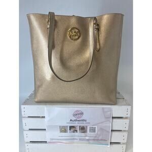MICHAEL KORS LARGE GOLD METALIC LEATHER SHOULDER BAG